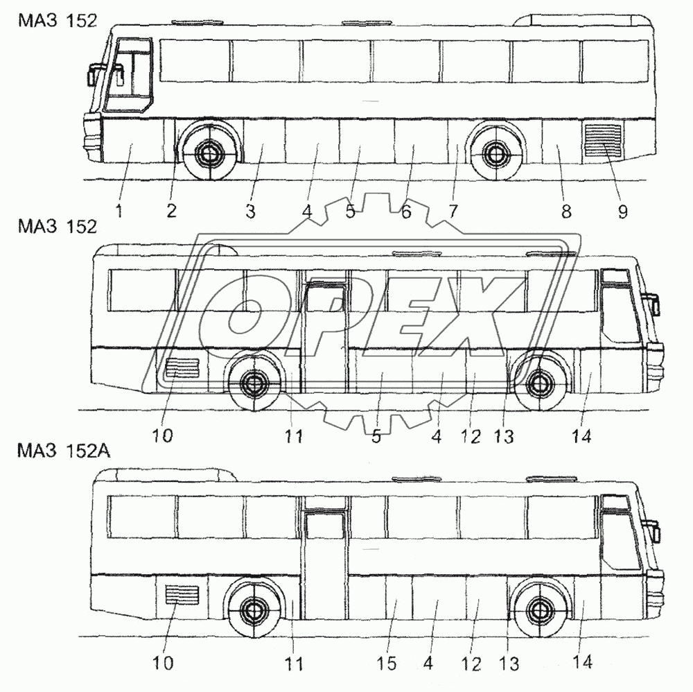 Расположение крышек и решеток на кузове МАЗ 152 и МАЗ 152А